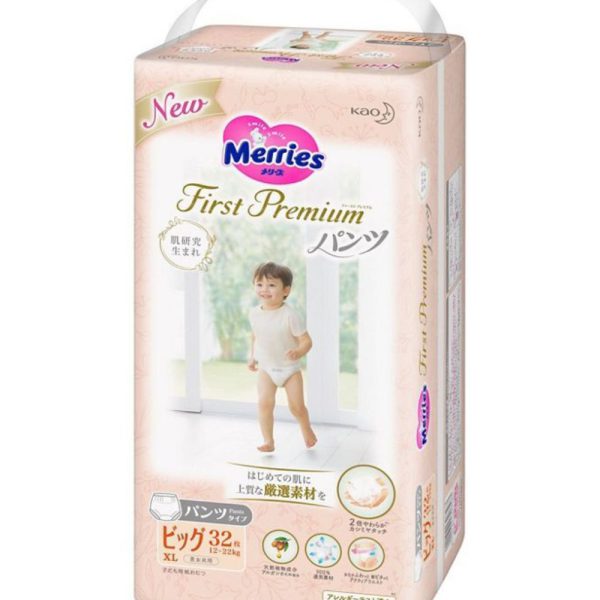 MERRIES First Premium japoniškos sauskelnės-kelnaitės, XL, 12-22 kg, 32 vnt.