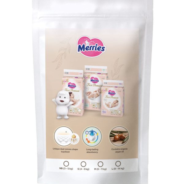 Mėginys MERRIES First Premium japoniškos sauskelnės, M, 6-11 kg, 3 vnt.
